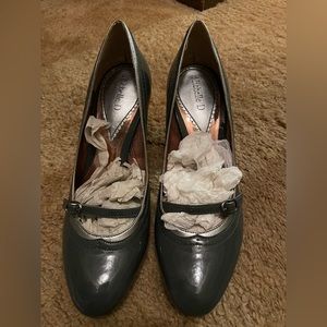 New gray stacked heels, 9.5, cute buckle and silver detailing at the front.